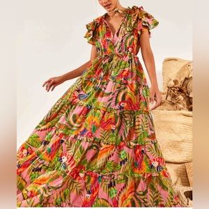 Farm Rio Anthropologie Macaw Leaves Flutter Sleeve Maxi Dress Ruffle S